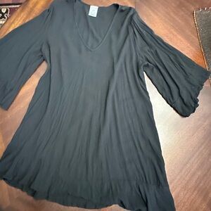 Anne Cole Black V-Neck Flowy Beach Swim Coverup Lightweight Tunic Top 3/4 Sleeve